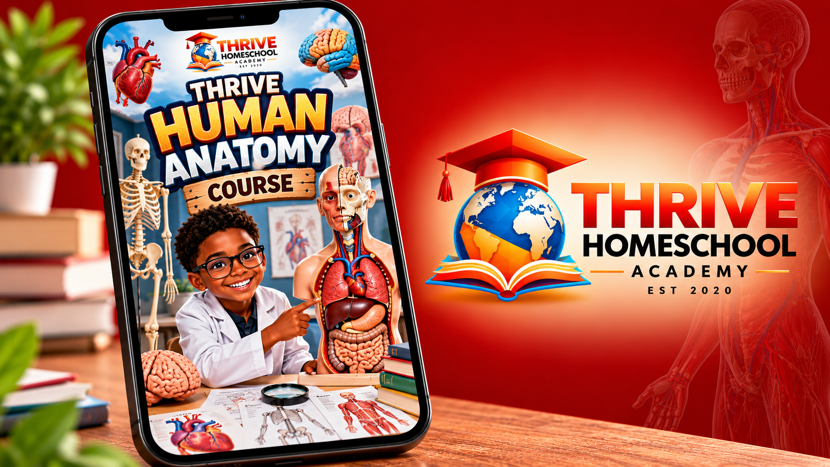 Thrive Human Anatomy course: Tayo in a white coat pointing at an anatomy model